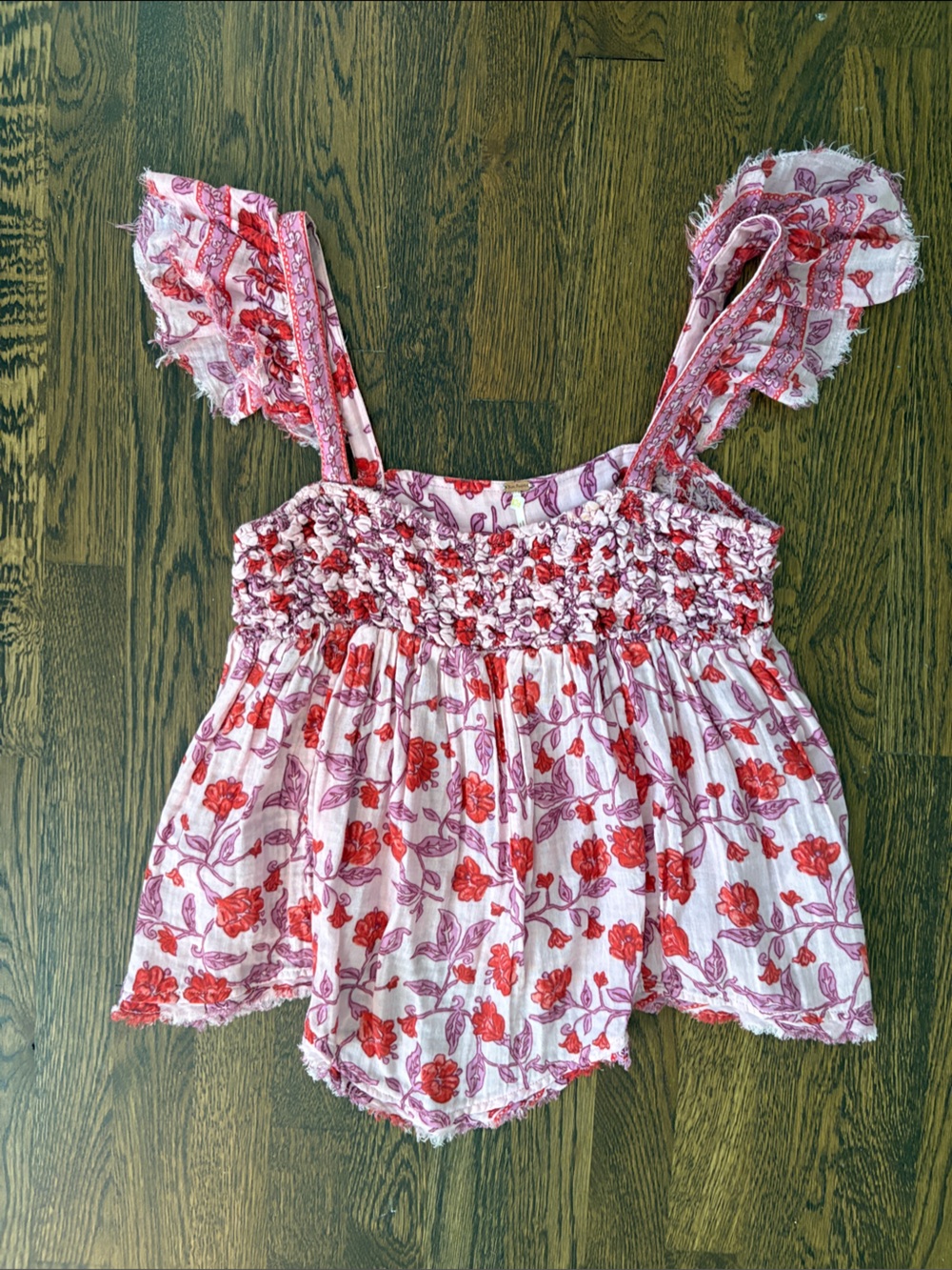 Free People Pink and Red Floral Smocked Camisole with Ruffle Straps